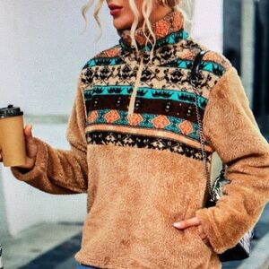 Women's Tan and Teal Patterned Sweater